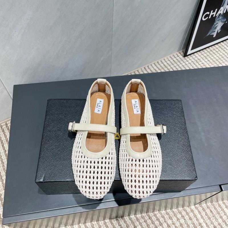 2025 Women Alaïa White Leather Woven Mary Jane Flat Shoes LY00360(F)