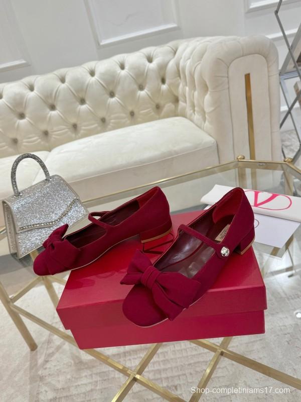 2025 Women Valentino Red Fabric Mary Jane Bow Flat LY00300