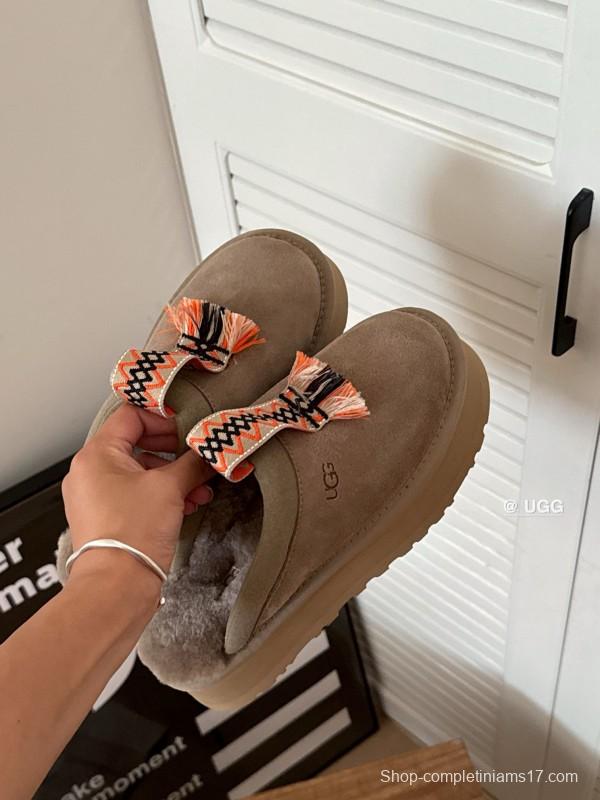 2024 UGG Grey Suede Slippers Woven Tassel MJ00230