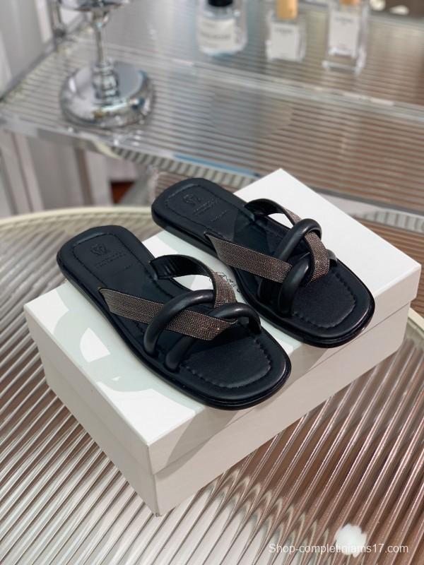 2025 Women Brunello Cucinelli Black Leather Flat Slides With Handwoven Beaded Straps KFY00300 (F)