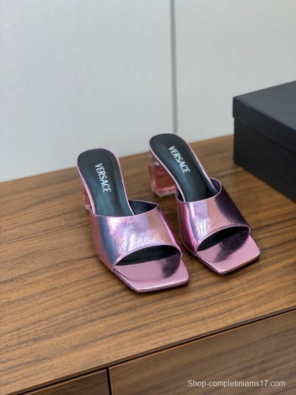 2025 Women VERSACE Pink Leather Slippers