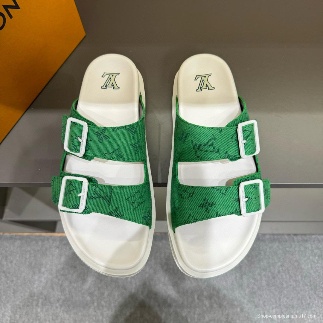 2024 Men Louis Vuitton Green Silk Leather Sandals MJ00210