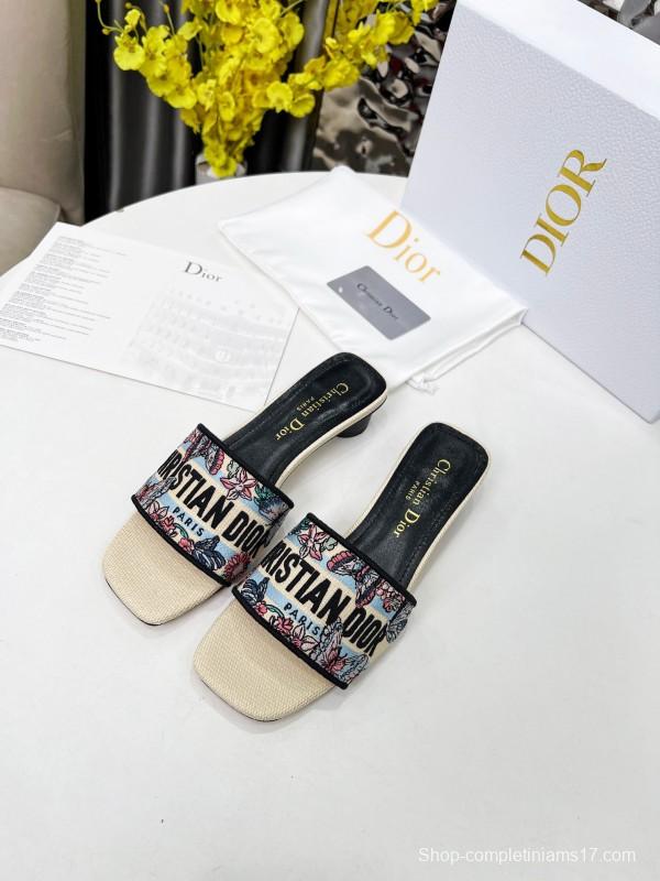2025 Women Dior Black Beige Embroidery Mid Heel Slippers