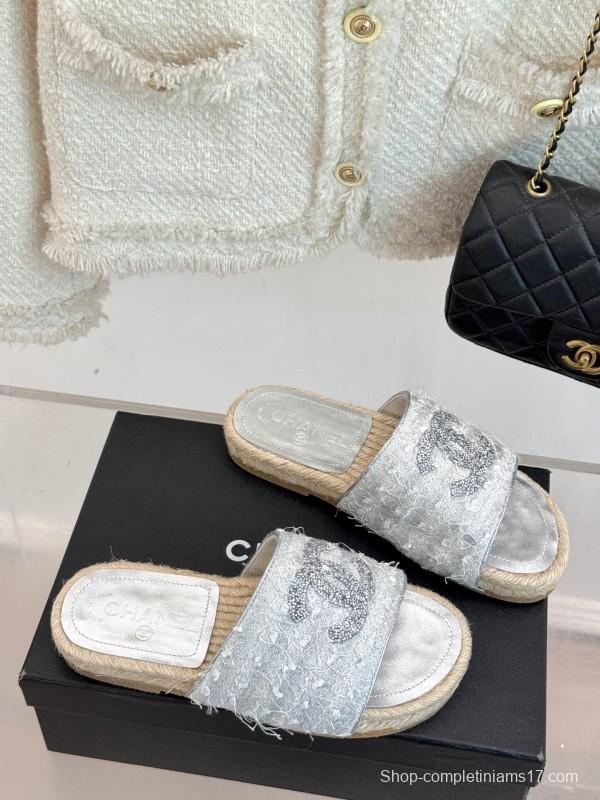 2025/Women Chanel White Lace Espadrille Slides Handmade Craft KFY00240(F)
