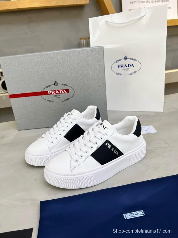 2024 Unisex Prada White Black Silk Calfskin Leather Sneakers MJ00310