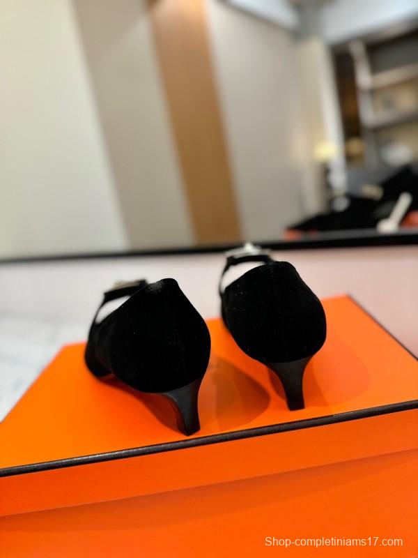 2025 Women Hermès Black Suede Pumps KFY00330