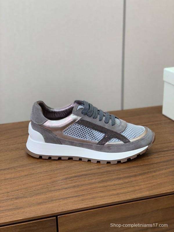 2025 Unisex Brunello Cucinelli Grey Silver Suede Mesh Sneakers