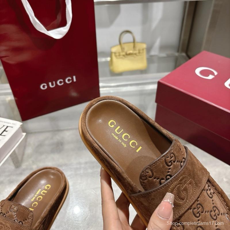 2025 Women Gucci Dark Brown Suede Mule Embossed GG LY00270
