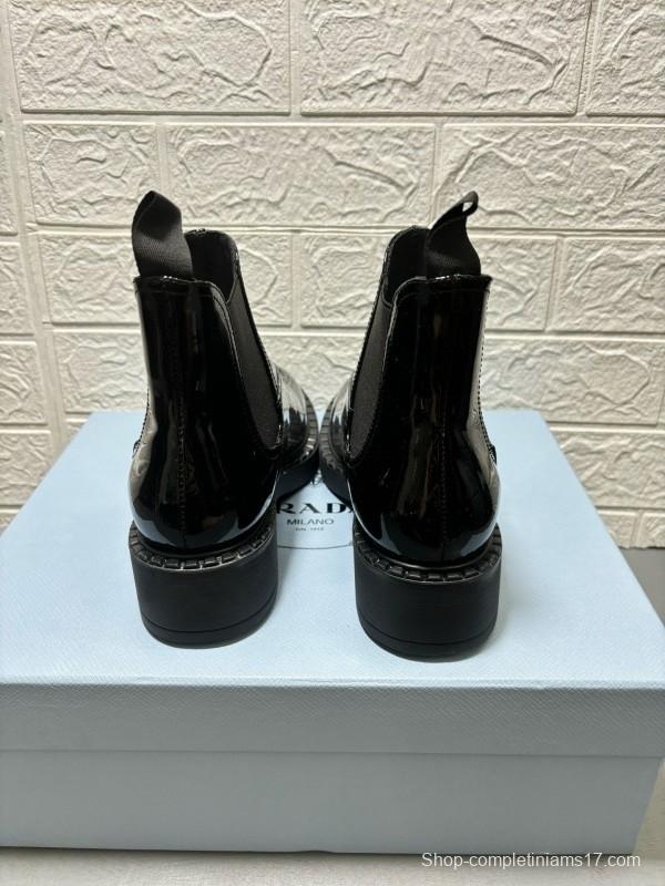 2024 Unisex Prada Black Patent Calf Leather Cowhide Leather Ankle Boots MJ00380