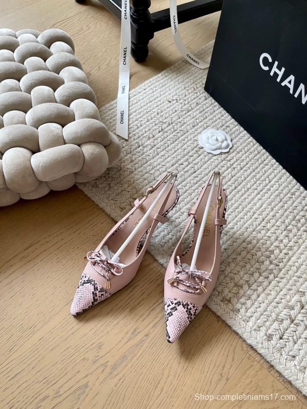 2025 Women Chanel Pink Python Leather Bow High Heels KFY00320
