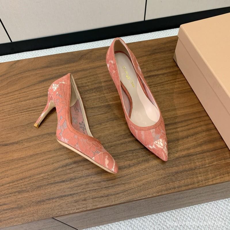 2025 Women Gianvito Rossi Pink Lace Leather Pumps