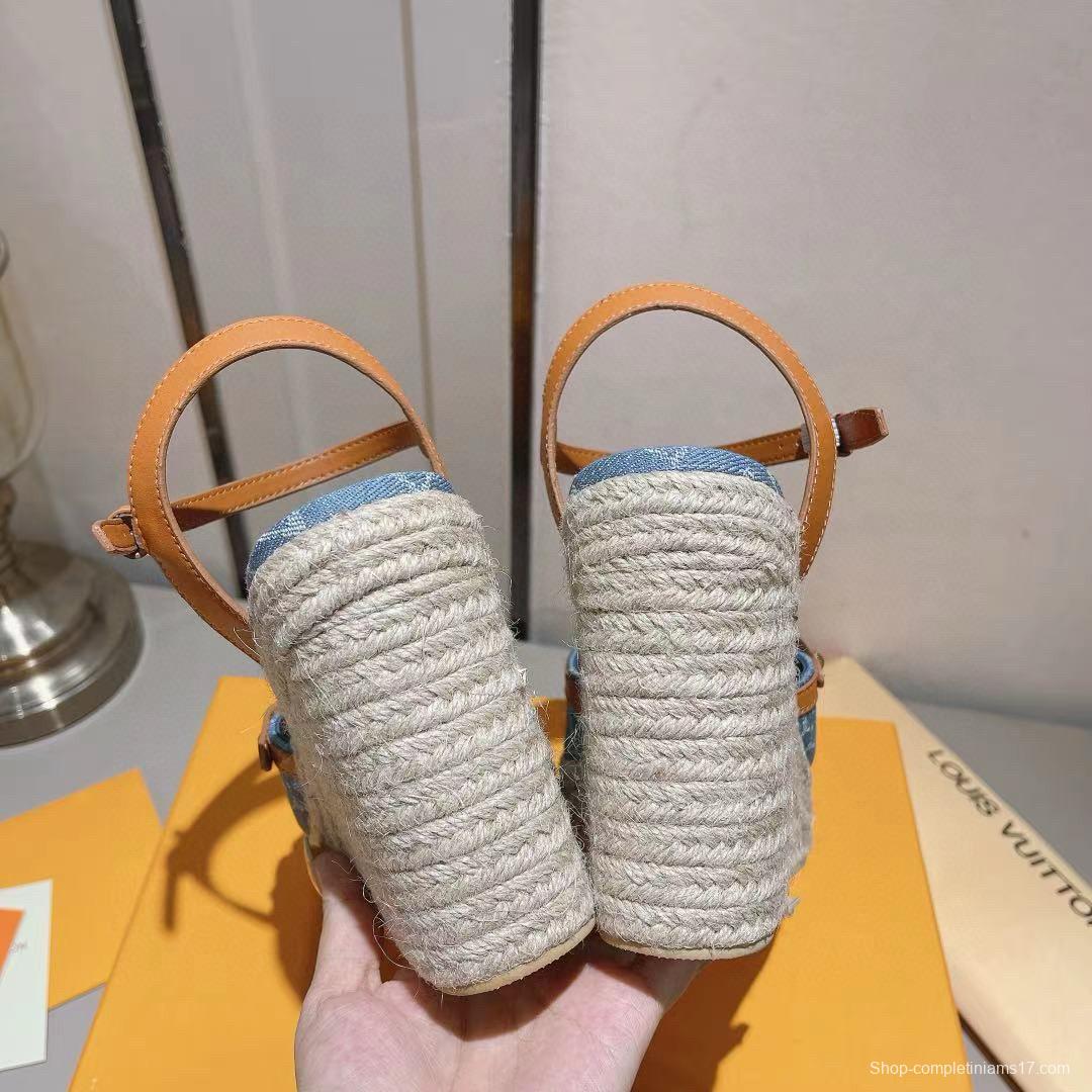 2025 Women Louis Vuitton Blue Denim Leather Espadrilles Sandals MJ00280