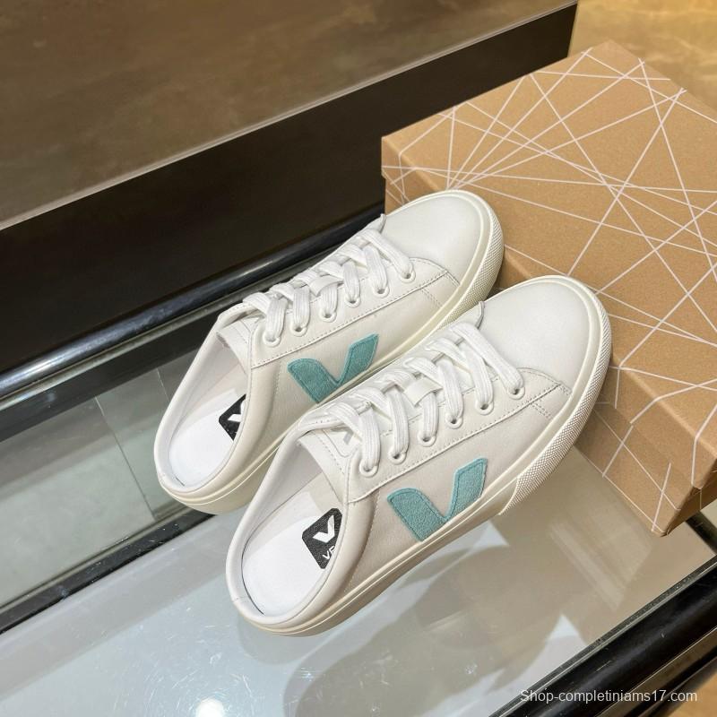 2025 VEJA White Blue Leather Canvas Slip-On Sneakers