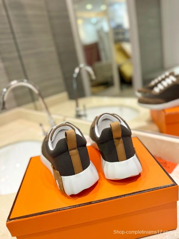 2024 Unisex Hermès Brown Khaki Mesh Suede Sneakers