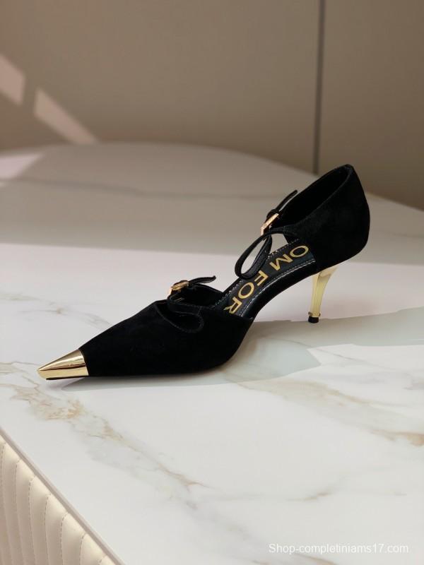 2025 Women TOM FORD Black Gold Suede Leather Pointed Pumps KFY00320