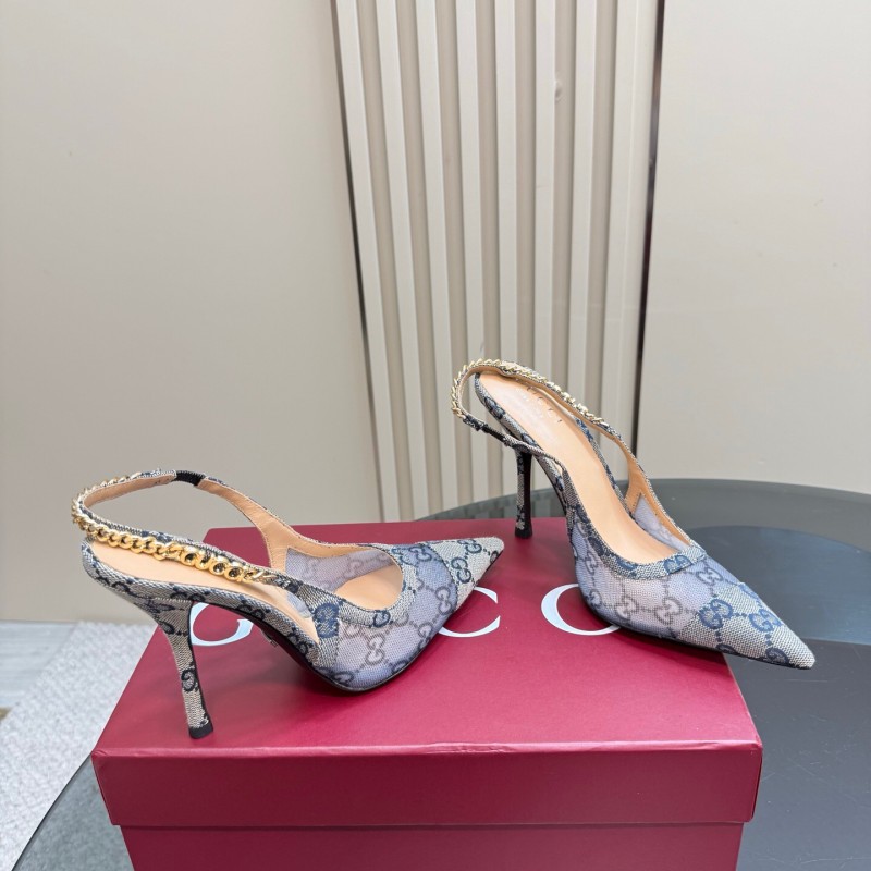 2025 Women Gucci White Mesh Slingback Heels With Crystal Chain Detailing KFY00300(F)
