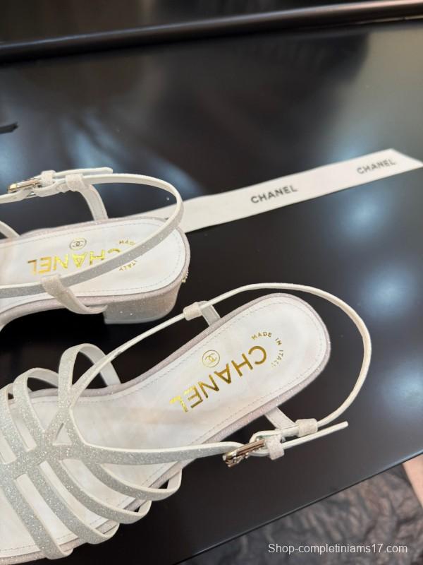 2025 Women Chanel White Leather Sandals