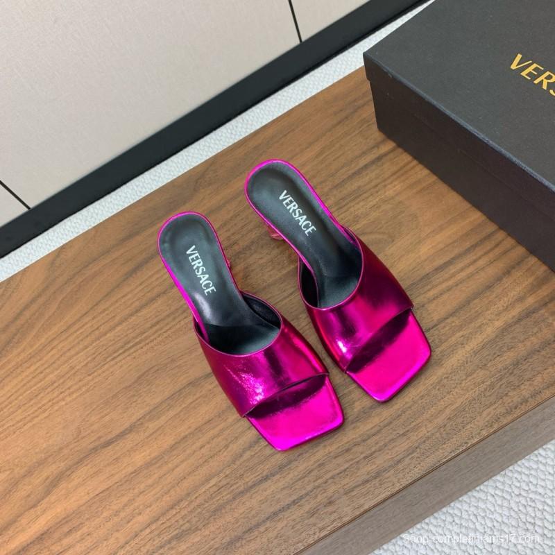 2025 Women VERSACE Pink Leather Slippers