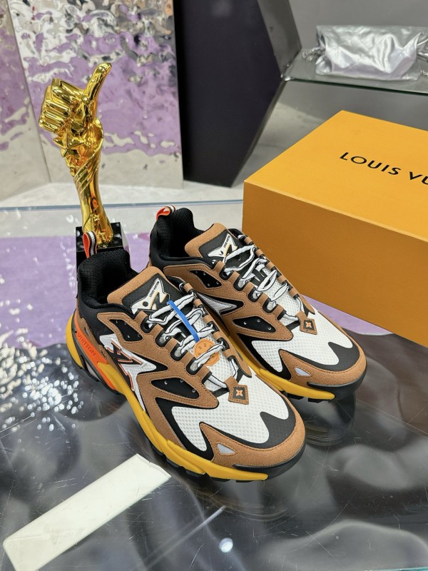 2025 Men Louis Vuitton Brown White Black Mesh Leather Sneakers MJ00420