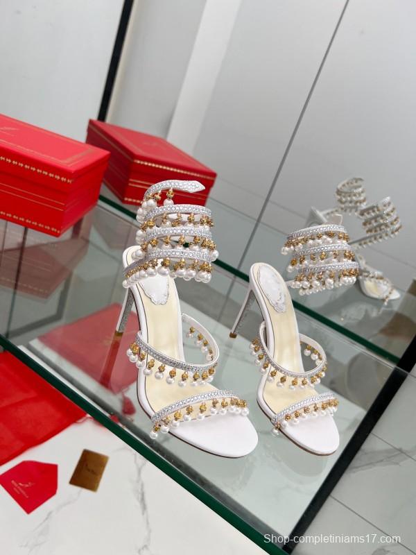 2025 Women RC White Crystal Pearl Leather High Heel Sandals LY00360