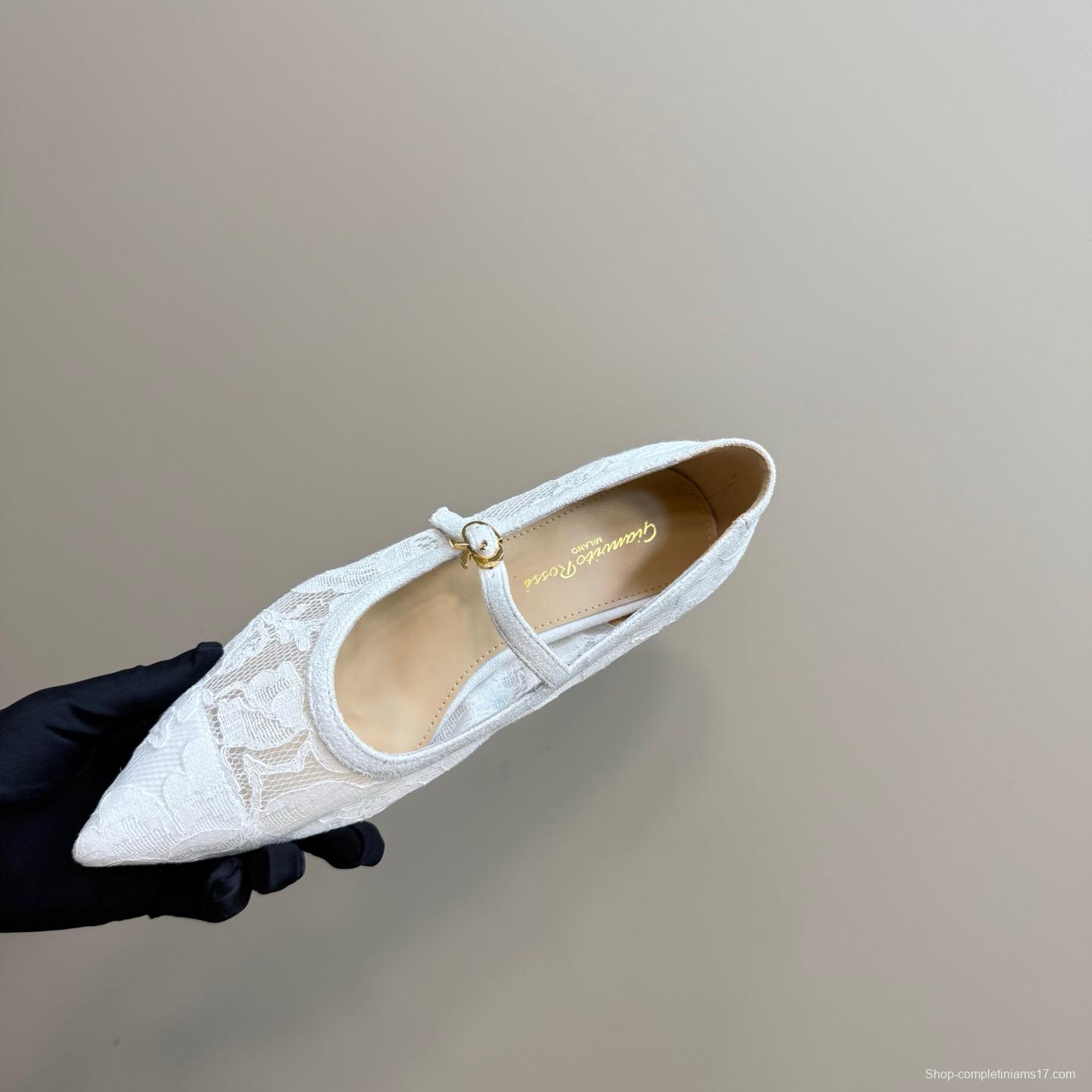 2025 Women Gianvito Rossi White Lace Leather Low Heel Ballerina KFY00260