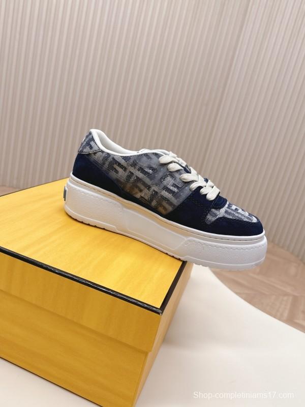 2025 Women Fendi Navy Grey Leather Canvas Sneakers LY00340