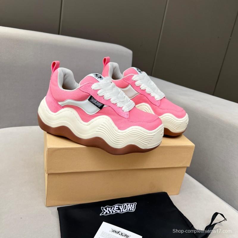2025 Women HEYDAY Pink White Canvas Leather Wave Bread Sneakers KFY00260(F)