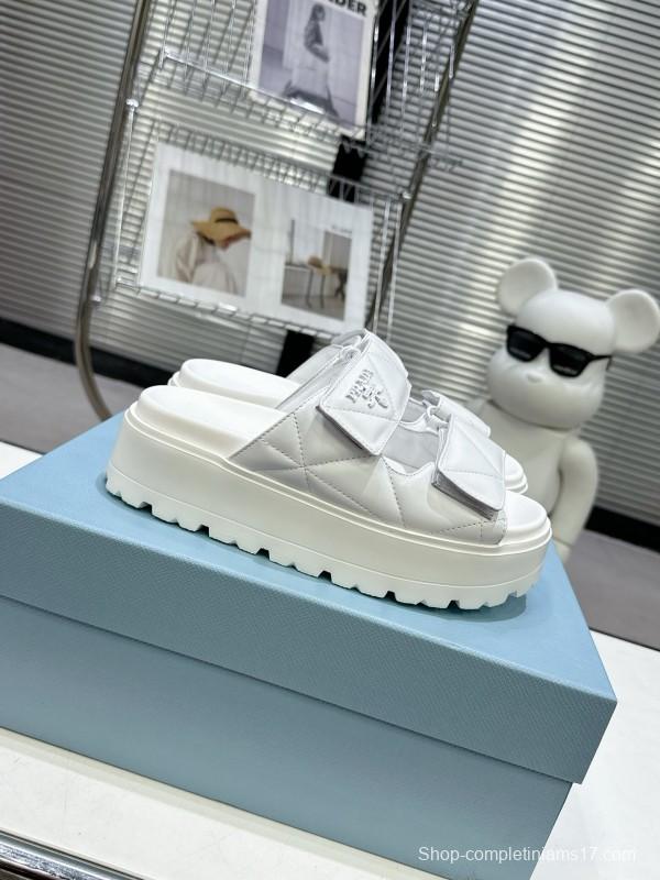 2025 Women Prada White Leather Sandals