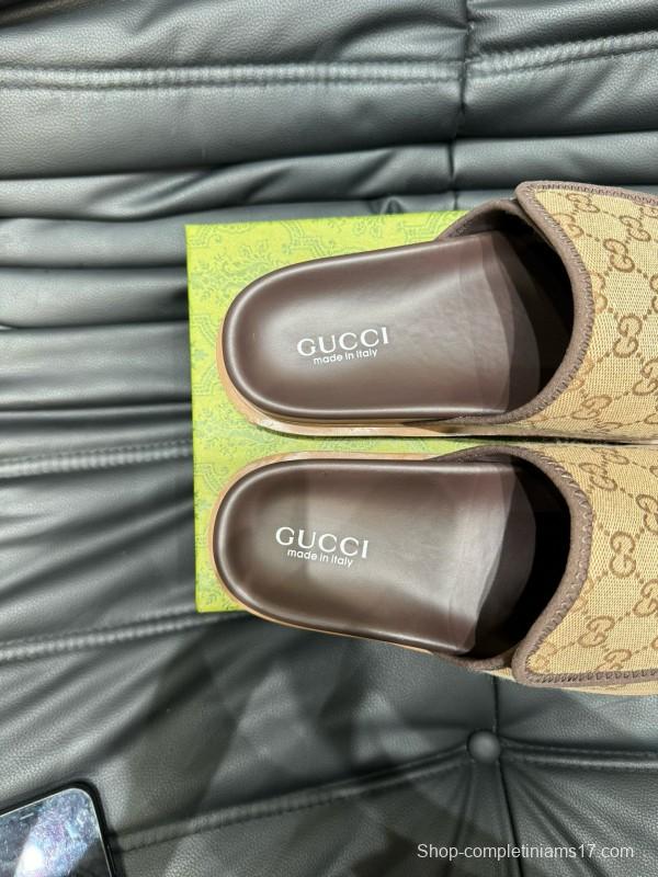 2024 Slippers Gucci Brown Canvas Leather Slippers MJ00200