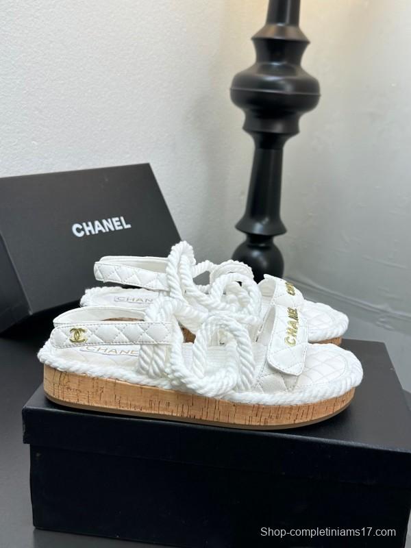 2025 Women Chanel White Leather Roped Espadrille Sandals LY00260