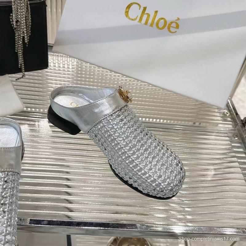 2025 Women Chloé Silver Leather Woven Slippers