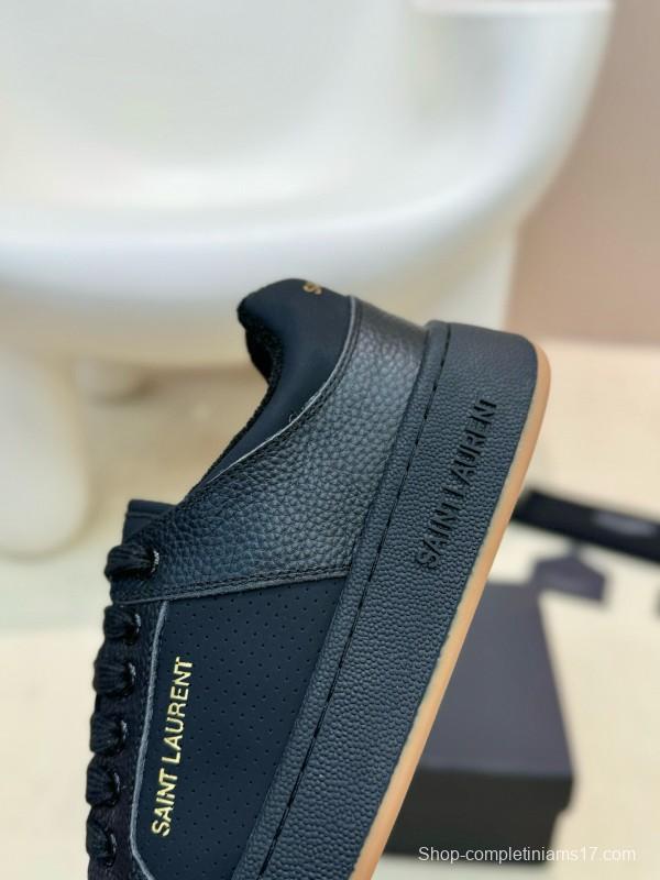 2024 Unisex Yves Saint Laurent Black Silk Leather Casual Shoes Embossed Logo MJ00350