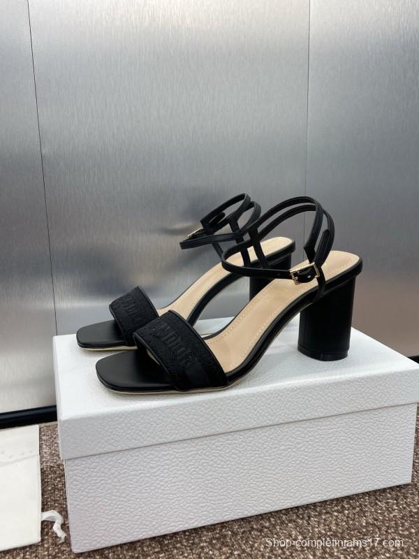 2025 Women Dior Black Leather Fabric Sandals