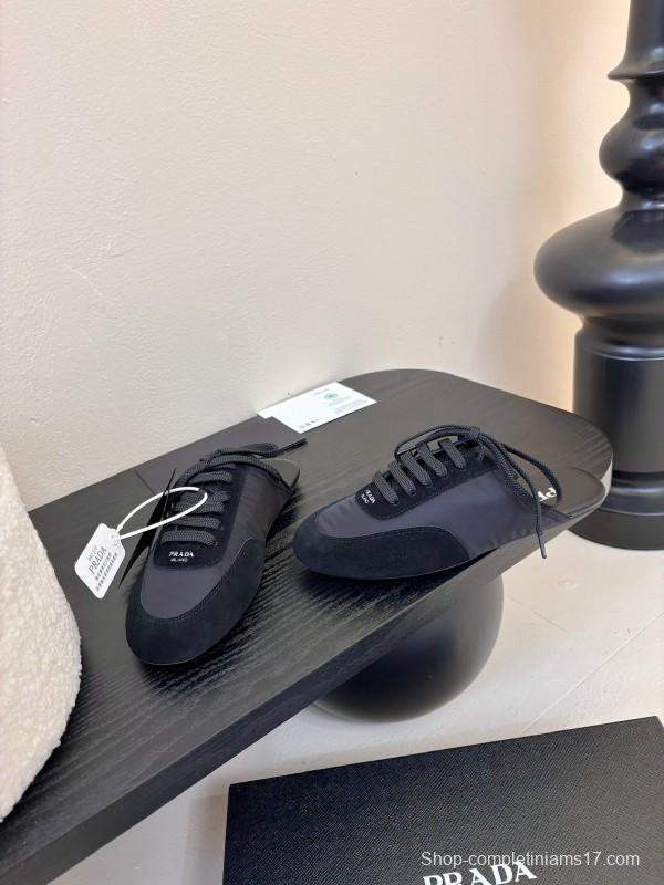 2025 Women Prada Black Suede Nylon Casual Lace-up Shoes