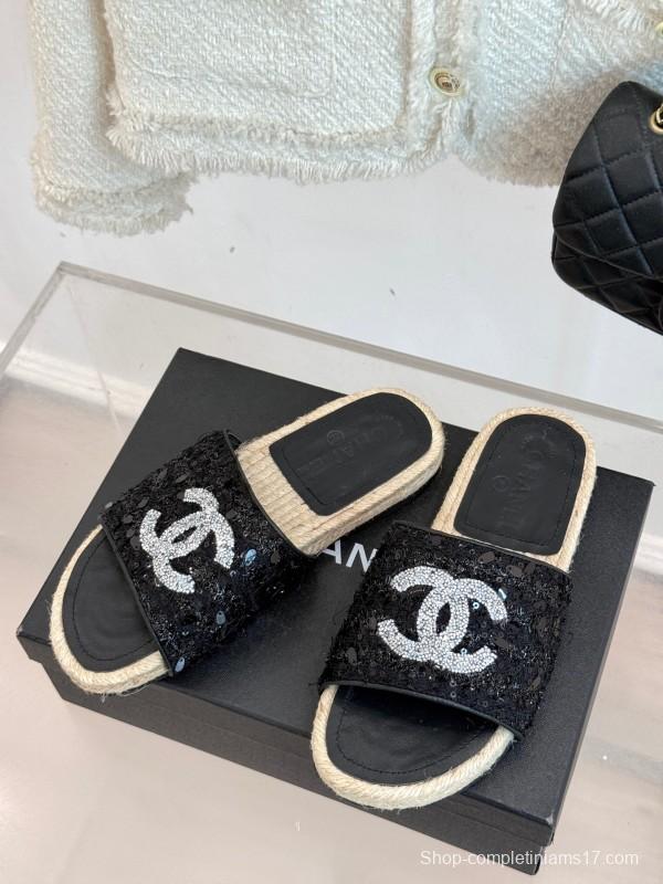 2025 Women Chanel Black Sequin Espadrille Slides Classic Double C Logo Handmade Braided Sole KFY00240(F)