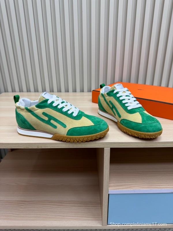 2025 Unisex Hermès Green Beige Suede Down Fabric Sneakers Top Version LY00310