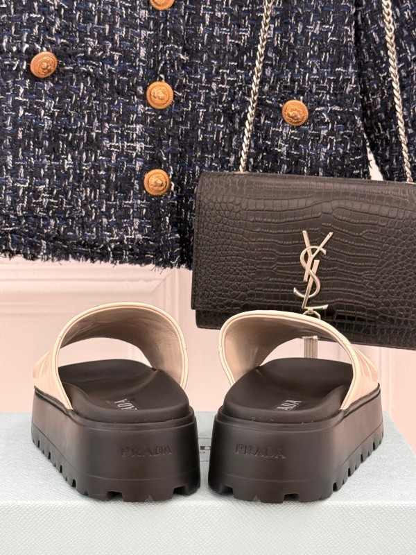 2025 Women Prada Beige Leather Platform Sandals