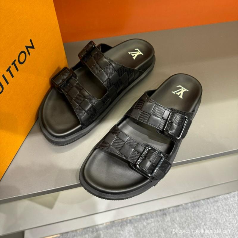 2024 Men Louis Vuitton Black Leather Slippers