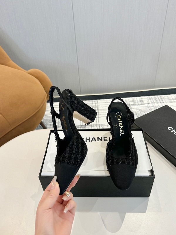 2025 Women Chanel Black Fabric Leather Slingback Heels