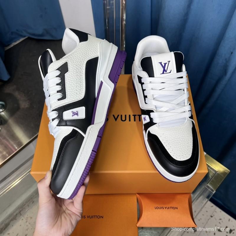 2025 Unisex Louis Vuitton White Black Purple Leather LV Trainer