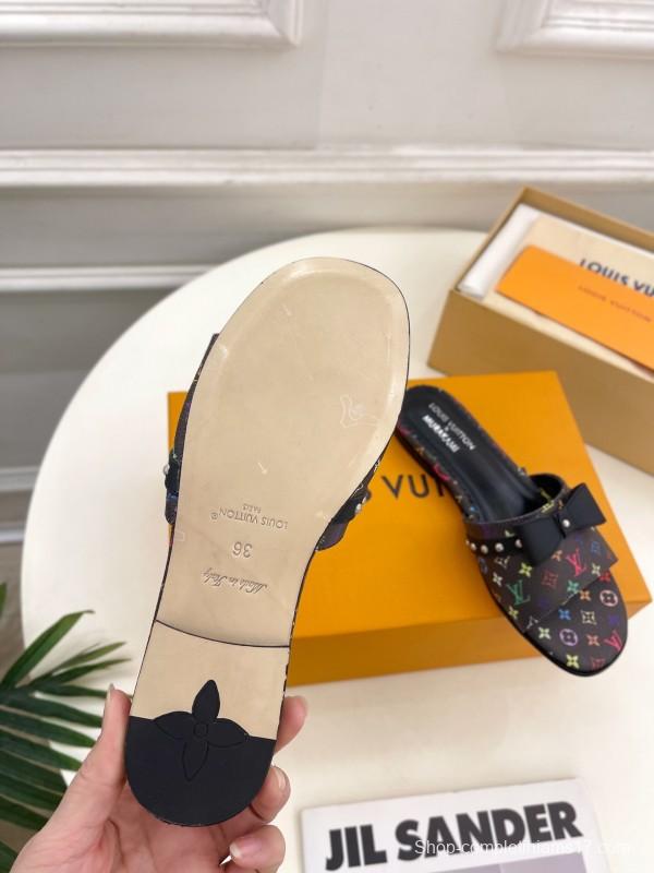 2025 Slippers Louis Vuitton Black Multicolor Monogram Leather Bow KFY00290