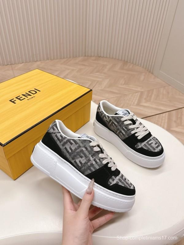 2025 Women Fendi Black Grey Leather Suede Sneakers LY00340