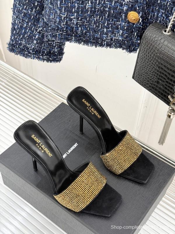 2025 Women Yves Saint Laurent Black Gold Leather High Heel Slip-On LY00300