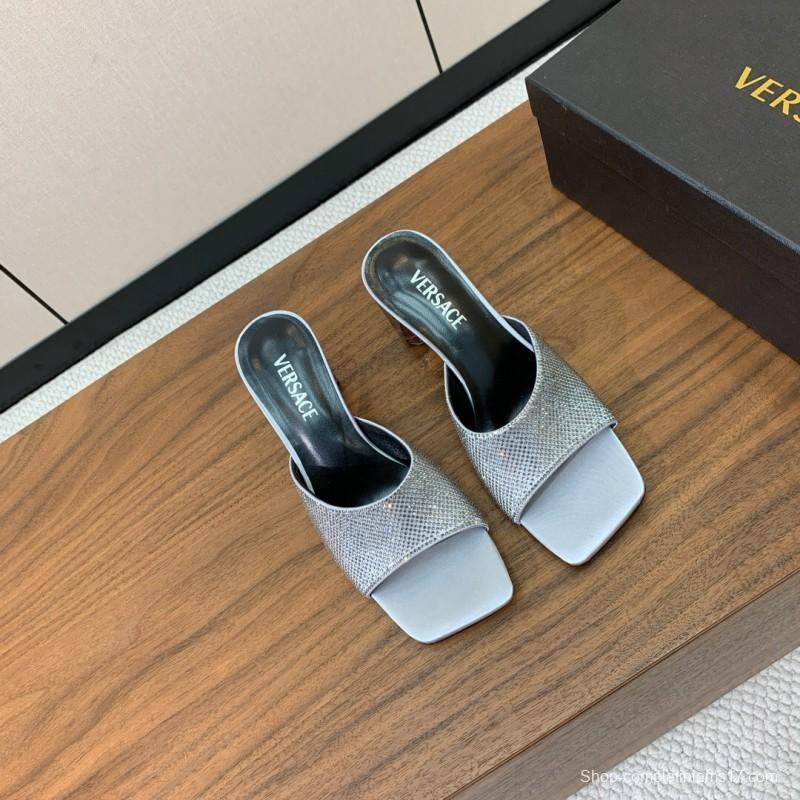 2025 Women VERSACE Silver Leather Slippers