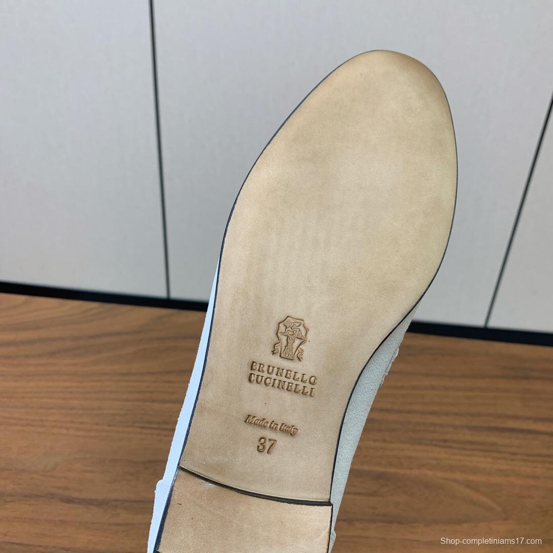 2025 Women Brunello Cucinelli White Suede Loafers Handcrafted Bead Chain Detail LY00360 (F)