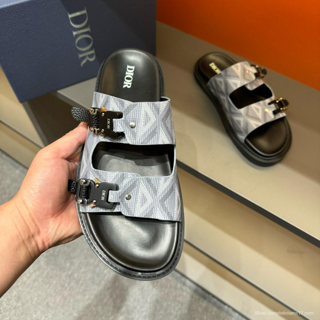 2024 Men Dior Grey Canvas Leather Sandals Buckle