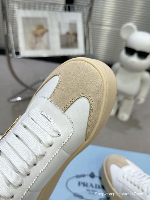 2025 Women Prada White Beige Leather Suede Sneakers
