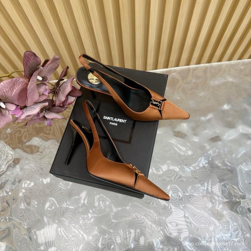 2025 Women Yves Saint Laurent Brown Leather Slingback Pumps MJ00300