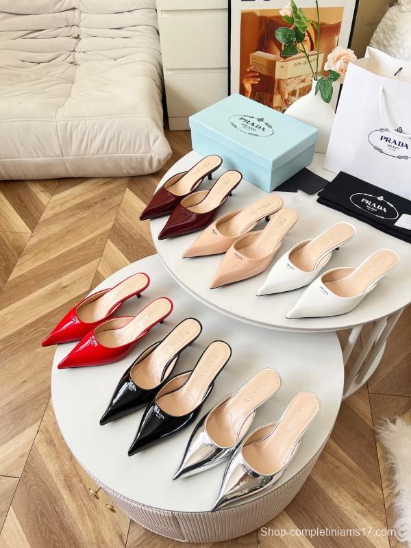 2025 Women Prada Red Patent Leather High Heel Mules LY