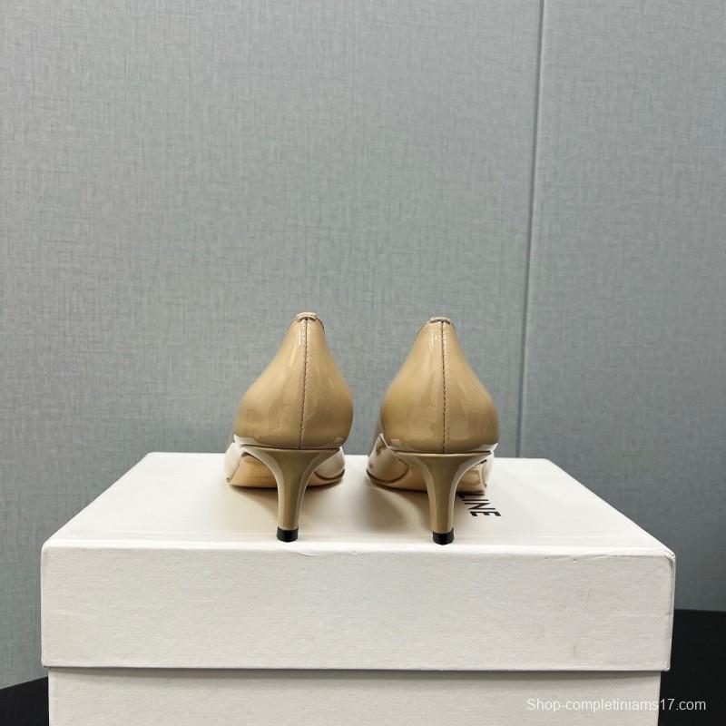 2025 Women Celine Beige Patent Leather Pointed Toe Heel Metal Ornament KFY00290